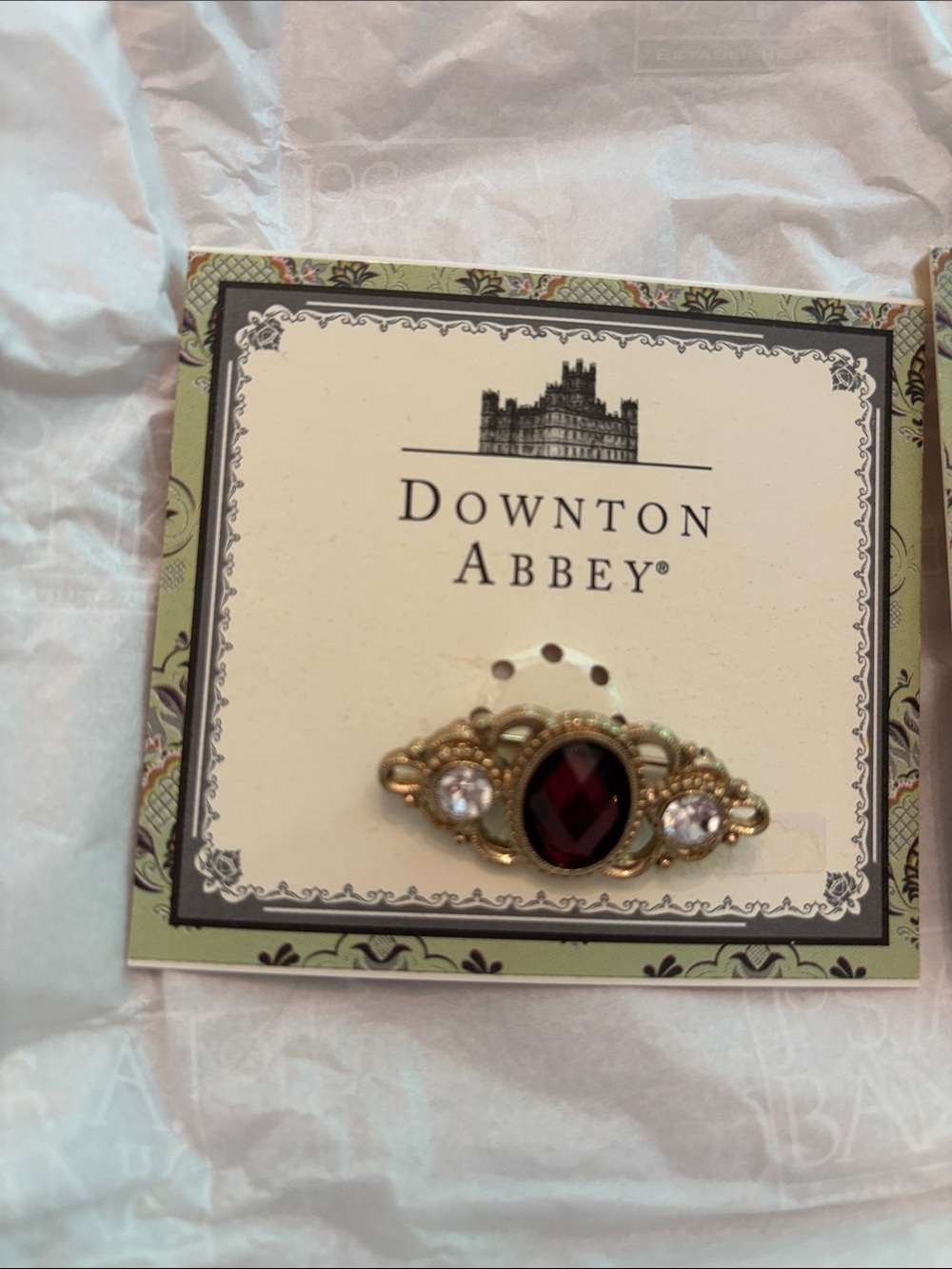 2 Downton Abbey Gold-Tone Brooches with Deep Red faux Gem and Green faux Gem.